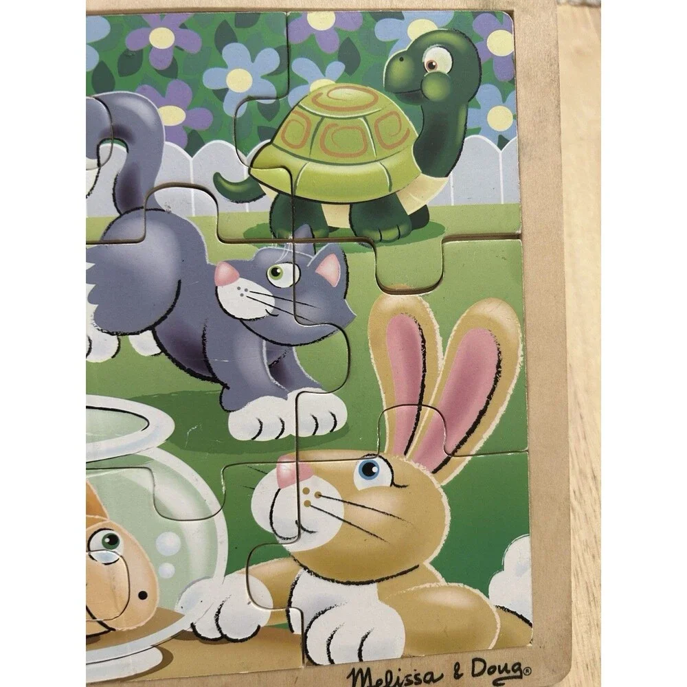 Melissa & Doug Wooden Jigsaw Puzzle “Playful Pets”, 12 Pieces Pre-Owned HTF